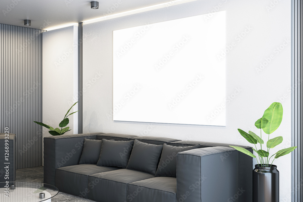 Poster modern interior with black sofa and blank white canvas on wall. 3d rendering