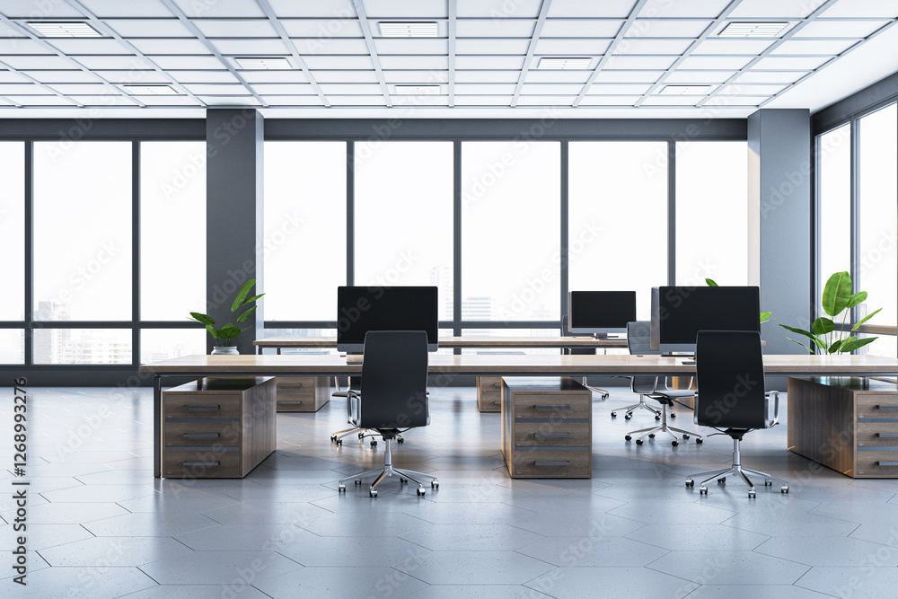 Poster modern spacious office interior with desks, chairs, and computers in a bright room with large window