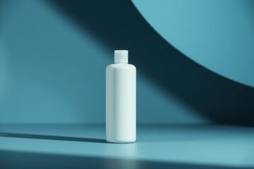 A clean, white bottle on a minimalist blue, turquoise background, ideal for skincare and haircare product mockup.