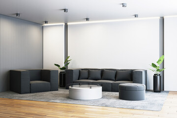 Modern office waiting area with black sofa, armchair, and round coffee table on a gray rug, featuring minimalist decor and plants. 3D Rendering