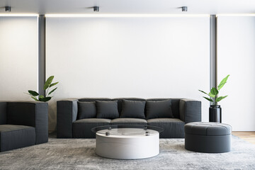 Modern minimalist living room with black sofas, round glass coffee table, and decorative plants. 3D Rendering