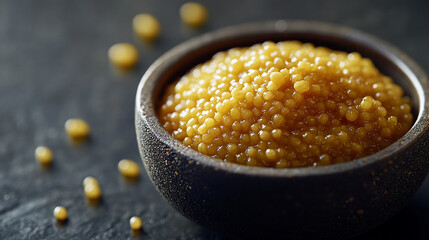 A tiny bowl of whole grain mustard, golden with specks