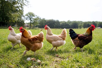 Chickens walking in a field of green grass. Agricultural stock photo