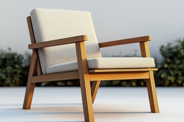 Stylish wooden chair with soft cushions placed in a serene outdoor setting during daylight