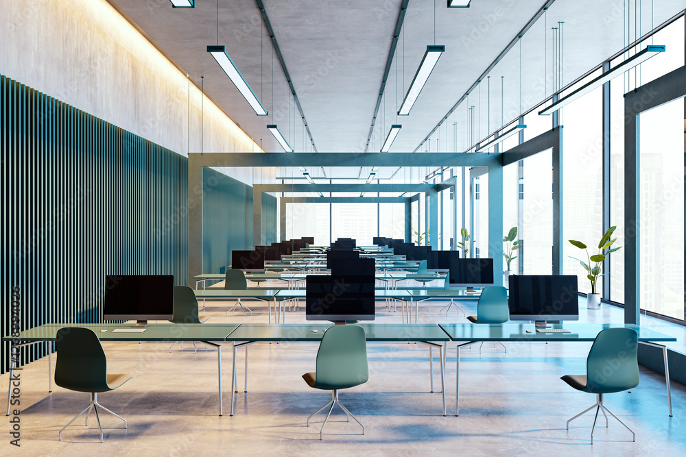 Aufkleber modern coworking office interior with empty workstations and large windows. 3d rendering