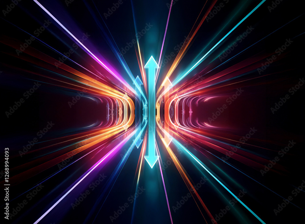 Poster Vibrant tunnel of light streaks towards the center with bright arrows pointing up and down.  Illuminated shapes create a futuristic, abstract perspective.