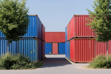 Fototapeta premium Colorful shipping containers form a structured layout in an industrial area under a clear blue sky