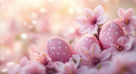 Colorful Easter eggs nestled among delicate pink blossoms with a soft, dreamy background