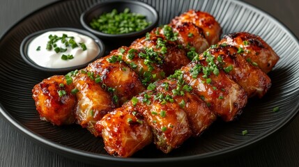 A plate of glazed rolls topped with chives, served with sour cream and herbs.