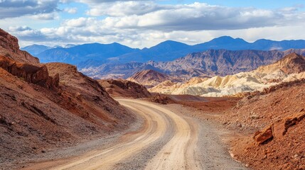 Naklejka premium Winding road leads through colorful desert mountains.