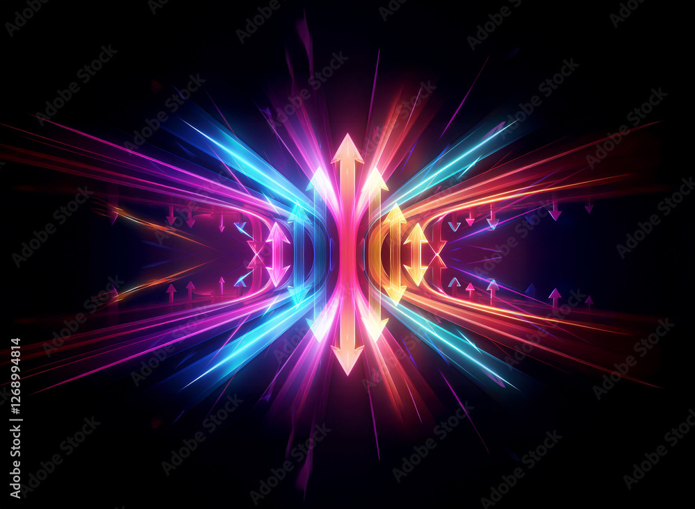 Poster vibrant abstract image of colorful light rays and arrows bursting from a central point on a black ba