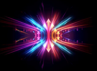 Obraz premium Vibrant abstract image of colorful light rays and arrows bursting from a central point on a black background. Dynamic and energetic design.