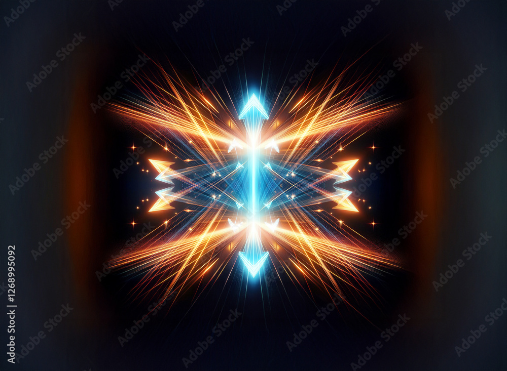 Poster symmetrical abstract image featuring vibrant orange and blue light streaks radiating from the center