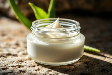 A clear skincare jar with white lotion, in a natural, rocky setting, with aloe vera leaves. Ideal for skincare product mockup.