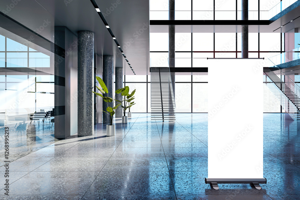Poster Modern office lobby with blank roll-up banner stand. 3D Rendering