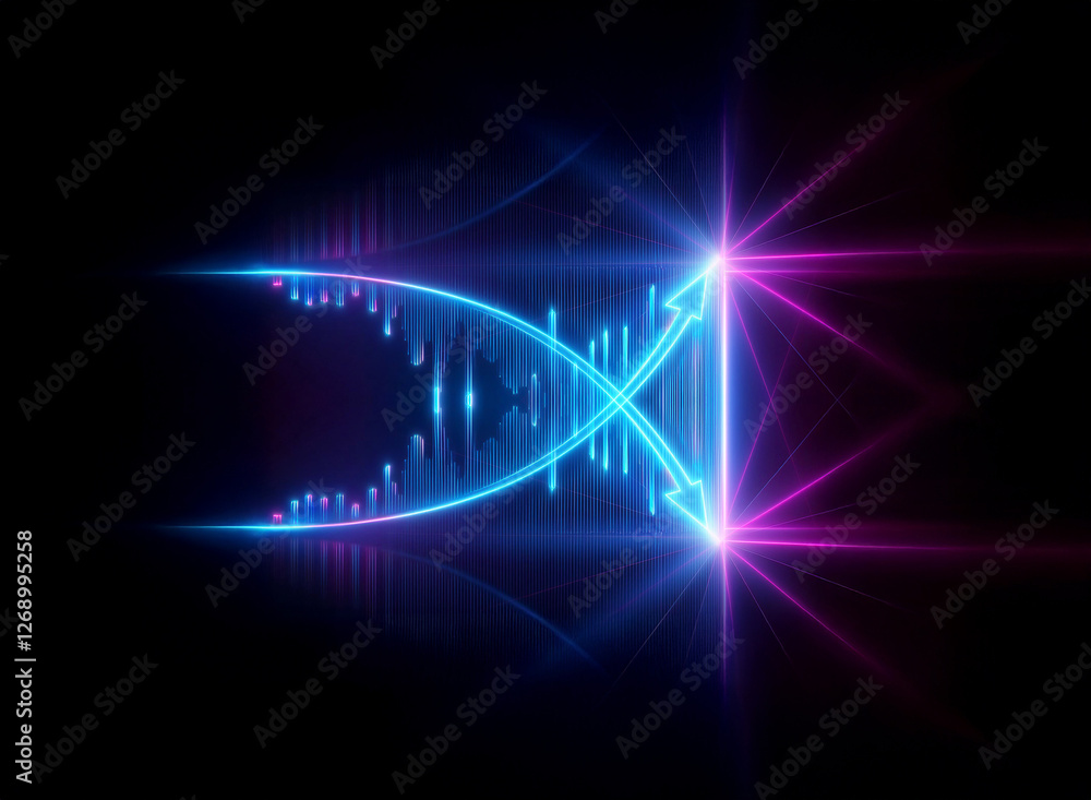 Poster symmetrical abstract design featuring vibrant blue and pink neon lines. glows brightly against a dar