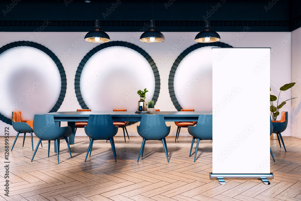 Aufkleber modern conference room with roll-up banner stand. 3d rendering