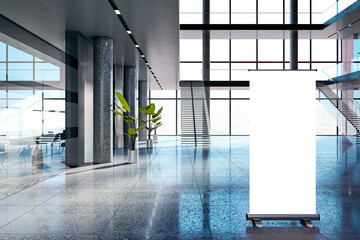 Modern office lobby with blank roll-up banner stand. 3D Rendering
