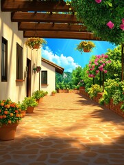 Naklejka premium Charming garden pathway lined with vibrant flower and potted plant under a sunny sky
