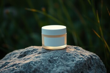 A clear skincare jar with white lid and a blank label, in natural green setting with natural sunlight. Ideal for cosmetics and skincare product mockup. 
