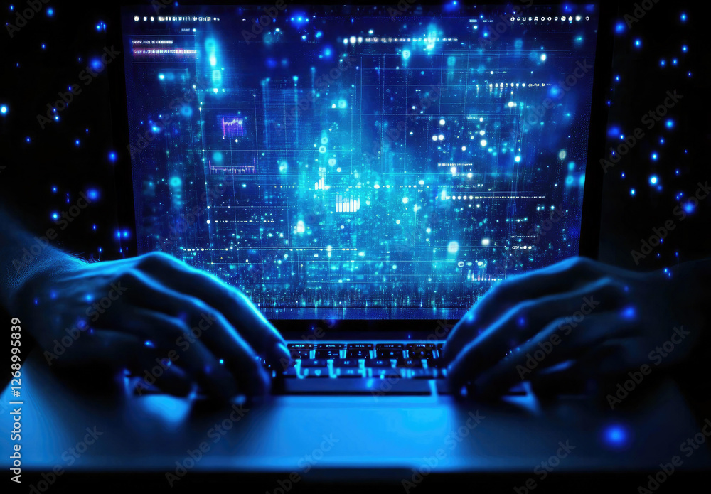 Poster a person's hands are typing on a laptop keyboard with a glowing blue digital data stream on the scre