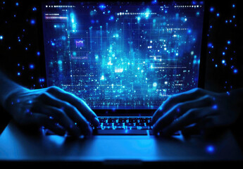 A person's hands are typing on a laptop keyboard with a glowing blue digital data stream on the screen showing complex information and code