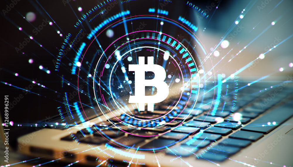 Poster Bitcoin digital technology concept with glowing blockchain elements.