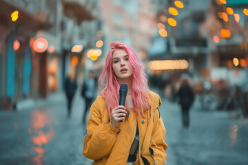 Fototapeta premium Young Pretty pink-haired girl at outdoors as a reporter holding a microphone and reporting news