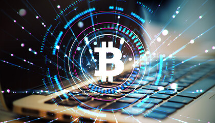 Bitcoin digital technology concept with glowing blockchain elements.