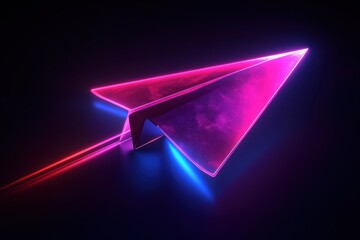 Bright neon paper airplane glowing in vibrant colors against a dark background, showcasing a blend of blue and pink light effects