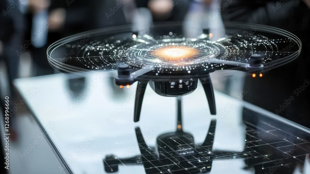 Poster development, research, and implementation. a futuristic drone displayed on a reflective surface, sho