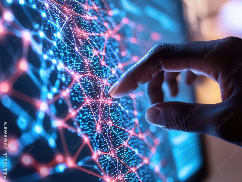 Aufkleber development, research, and implementation. a hand interacting with a glowing digital network display