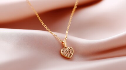 Fototapeta premium Heart-shaped golden pendant resting on soft satin fabric in a warm setting highlighting intricate design and delicate texture