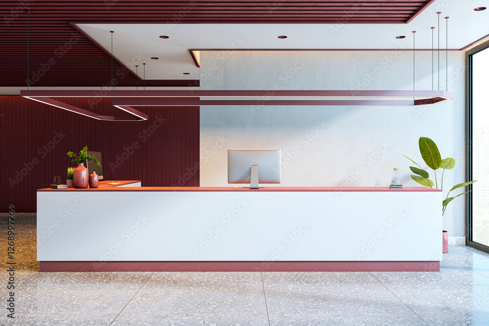 Poster Modern reception desk in contemporary office lobby with minimalist design. 3D Rendering