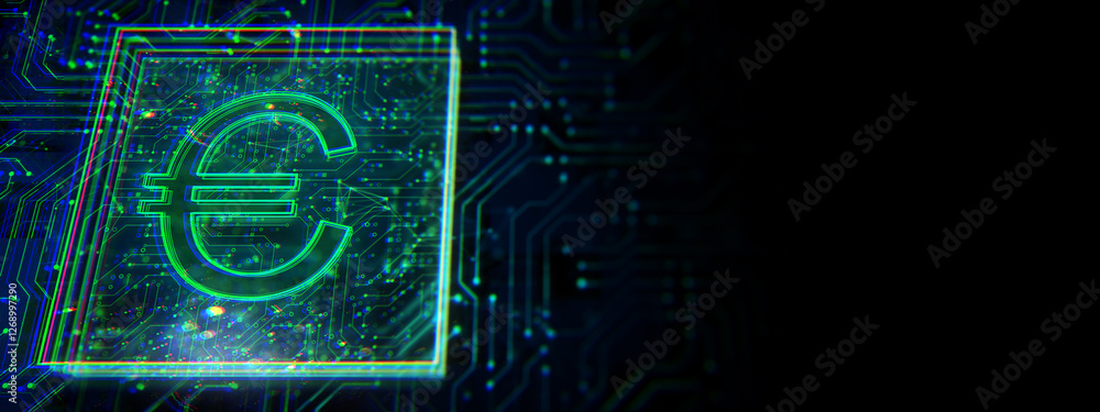 Poster futuristic euro currency icon with neon glow on a digital circuit board background. 3d rendering