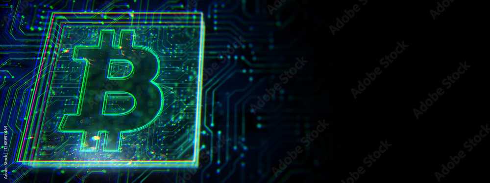Poster Bitcoin symbol with neon circuit lines on a dark background. 3D Rendering