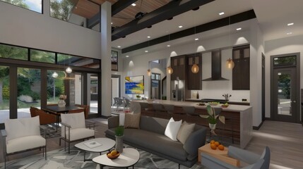 Modern Open-Plan Home Design: Luxurious Living Space with Kitchen and Backyard View