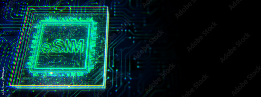 Leinwandbilder digital esim chip glowing with neon effect on a circuit board. 3d rendering