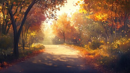 Sun-Drenched Autumn Pathway, A Serene Journey Through Golden Foliage
