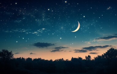Starry night sky, crescent moon over trees