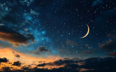 Crescent moon, starry night sky, twilight clouds.  Possible use Background, wallpaper