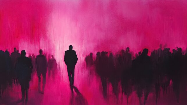 Colorful silhouette pf person standing in monochrome crowd of different people,surreal unique and different concept,loneliness in society,shadow,freedom,Love,be yourself,Stand out from the crowd.