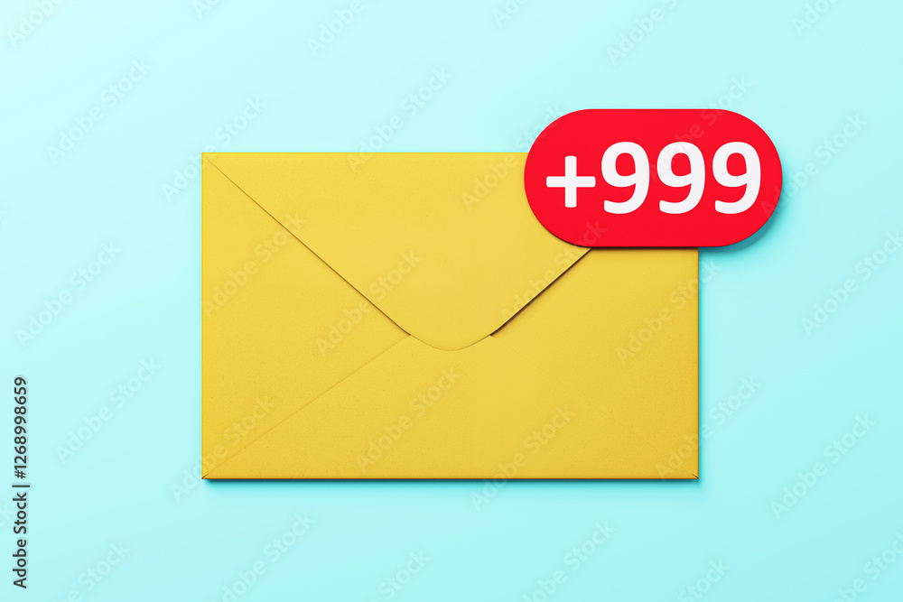 Poster Yellow envelope with a red notification badge displaying 999 on a light blue background. 3D Rendering