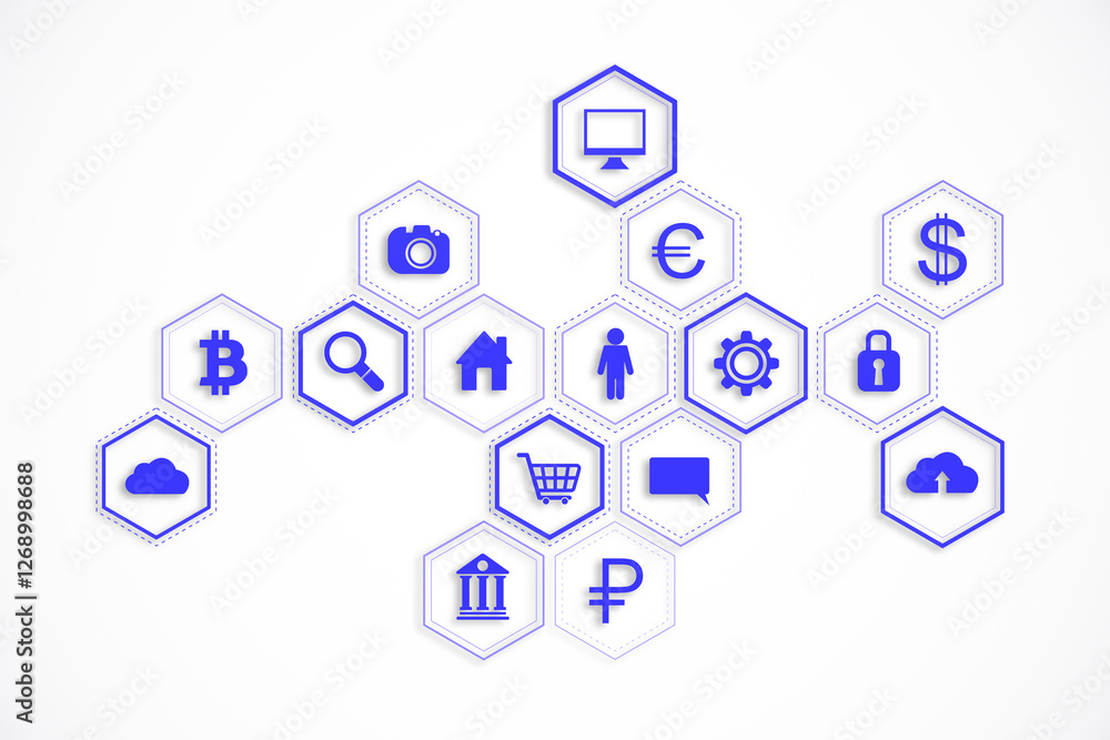 Poster Digital technology hexagonal icons representing finance, security, and communication on a white background. 3D Rendering