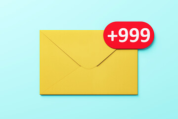 Yellow envelope with a red notification badge displaying 999 on a light blue background. 3D Rendering