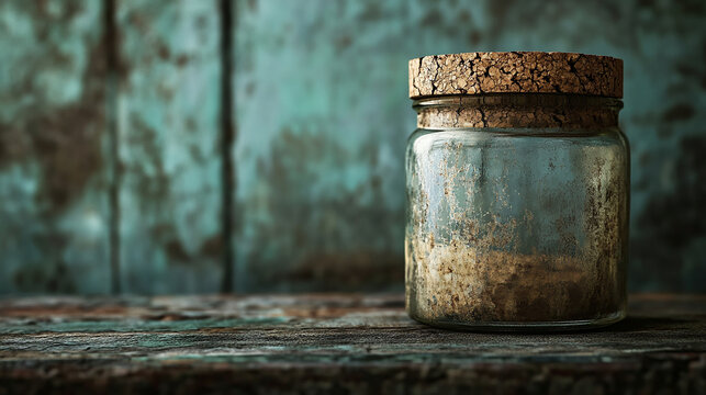 A vintage cork lid sealing an old glass jar rustic style