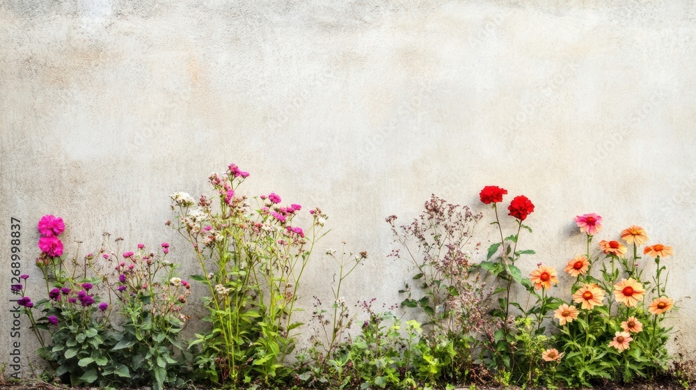 Poster colorful flowers bloom along a weathered wall in a charming garden setting in springtime. generative