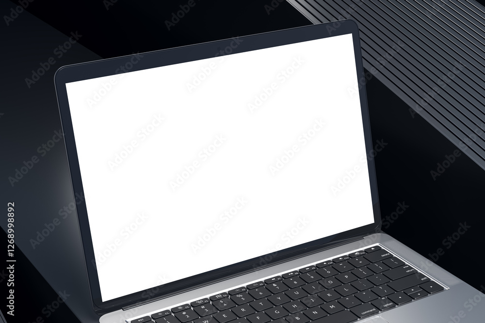 Aufkleber modern laptop with blank white screen on dark background. 3d rendering