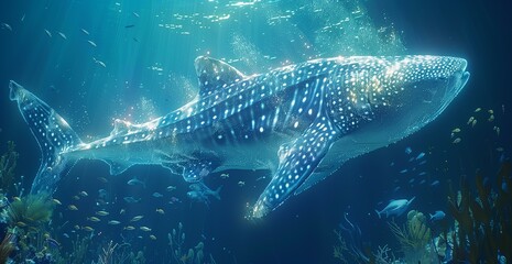 Fototapeta premium A Majestic Whale Shark Illuminated in the Deep Ocean Depths Surrounded by Smaller Fish and Coral Reefs