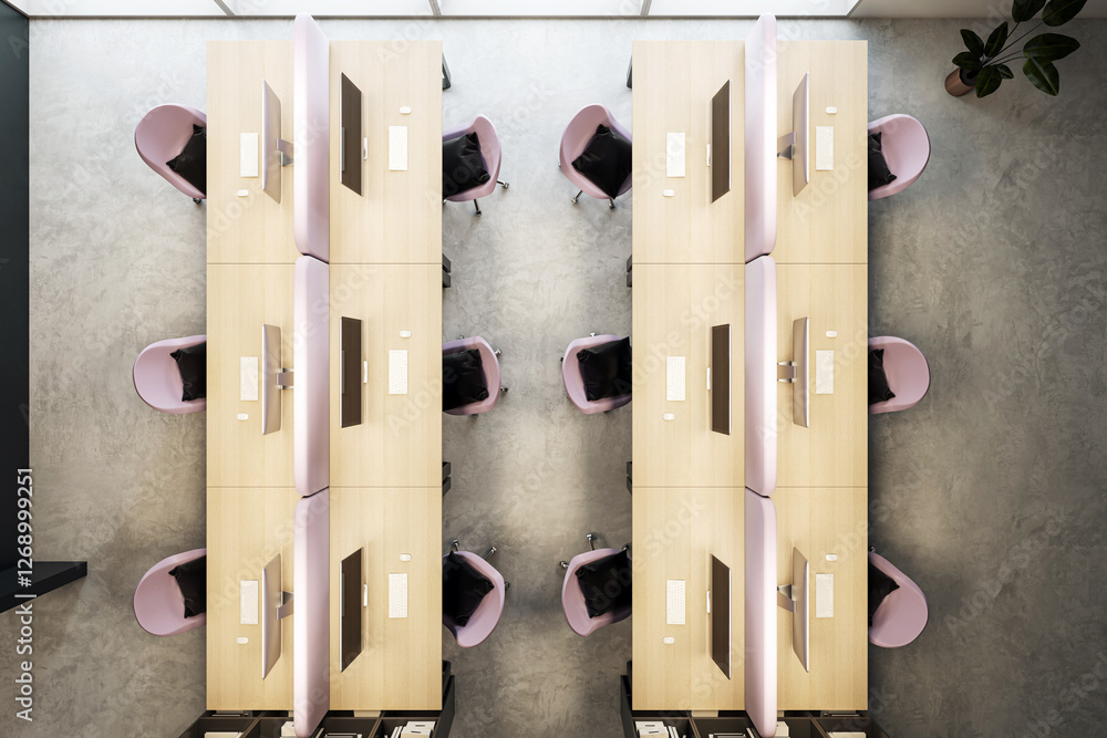 Poster Modern empty office workspace with wooden desks and computers, top-down view. 3D Rendering